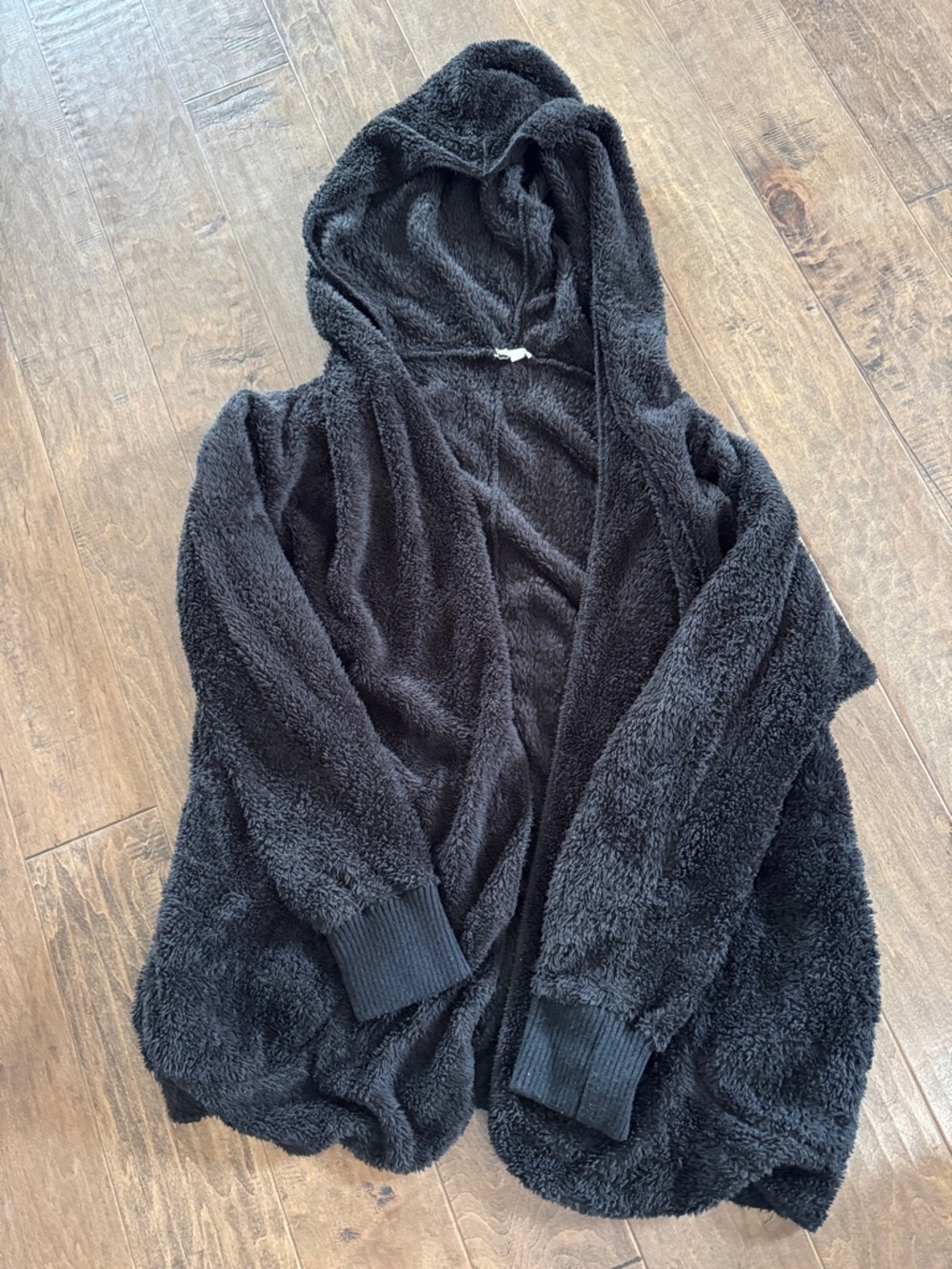 Hem & Thread Black Plush Hooded Open Cardigan